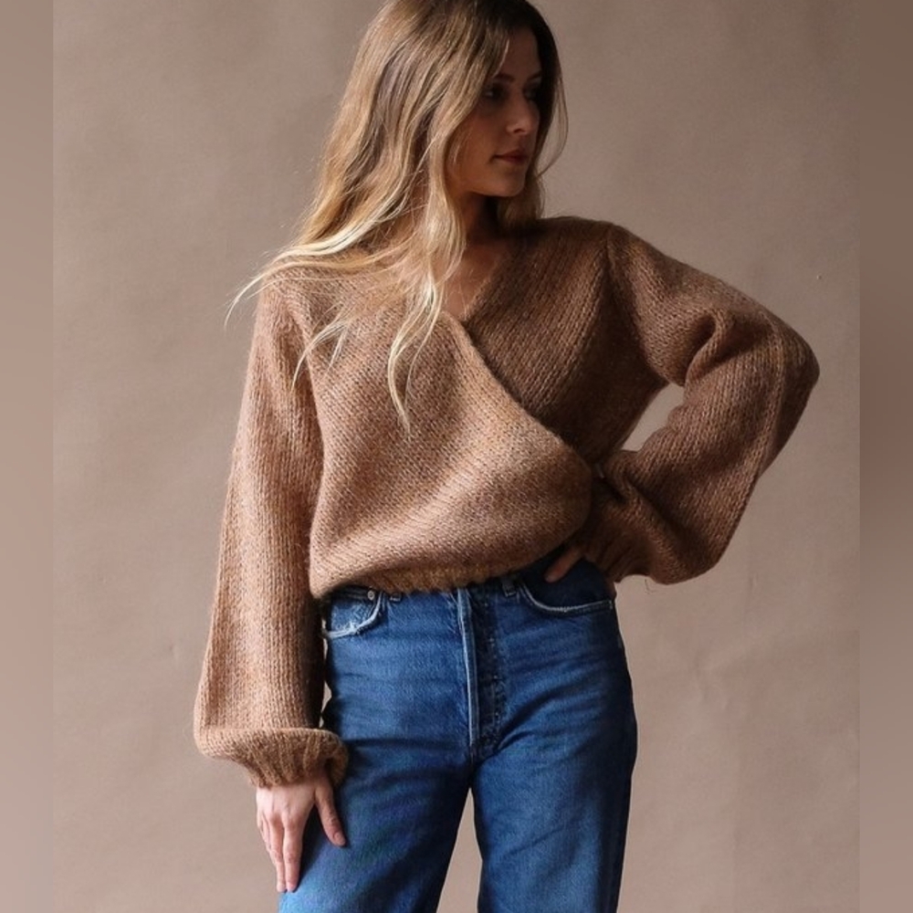 JUST FEMALE Dolly Mohair Blend Tan Wrap Sweater M